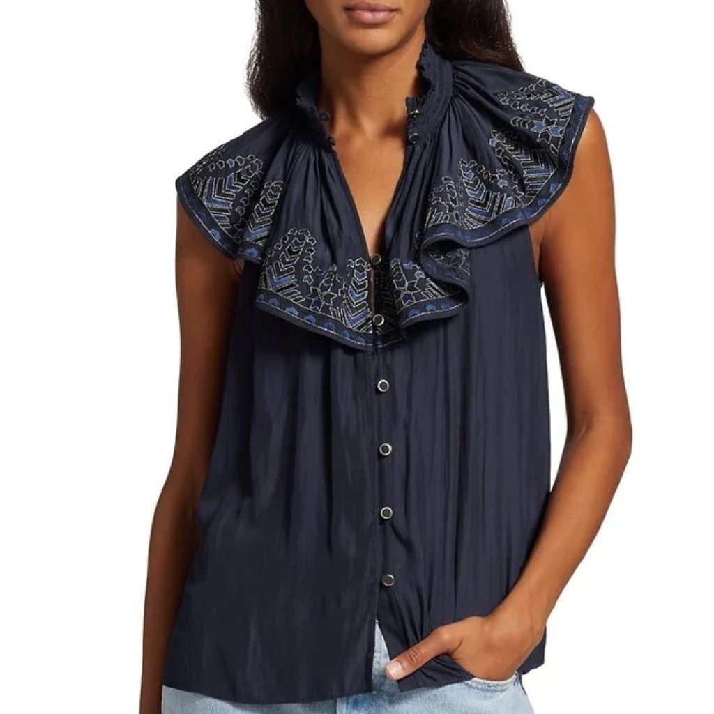 Ramy Brook Abbe Ruffled Overlay Blouse In Navy, New With Tag